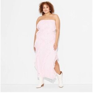 Pink‎ Ruffled Lace Maxi Dress L Body Con Strapless Coquette Romantic Prom Angel